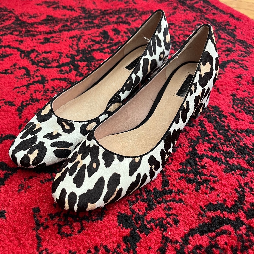 Topshop leopard print faux pony hair block heel slip-ons.